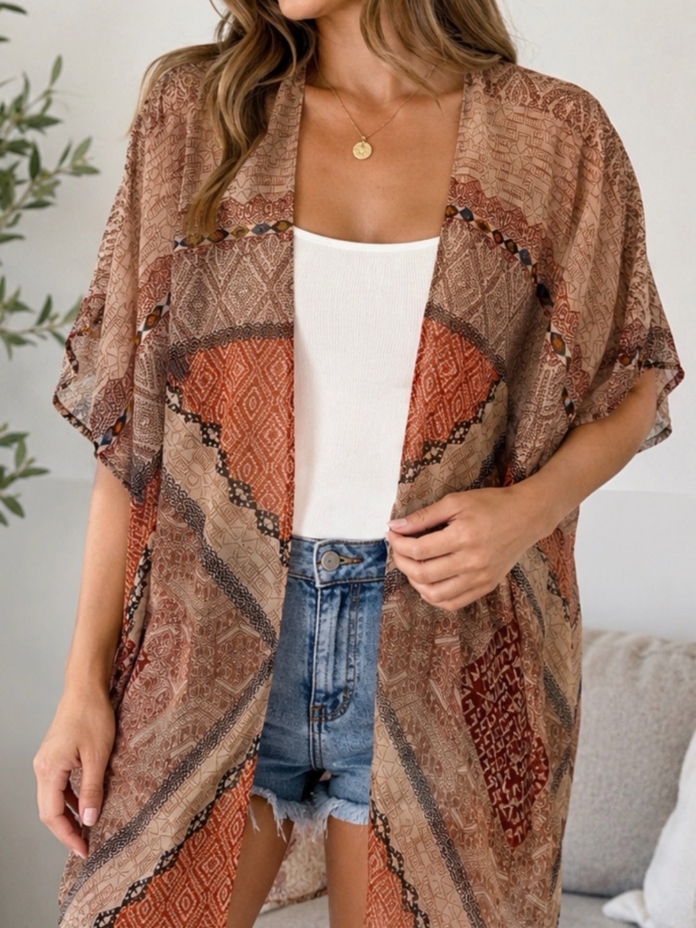 Maurices Neutral Patchwork Open Front Kimono Cardigan
